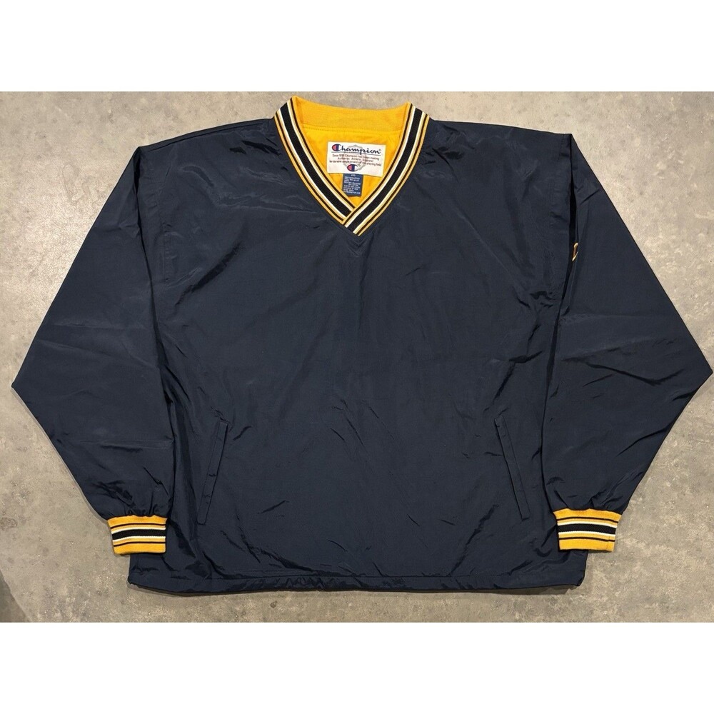 VTG Champion Pullover Windbreaker Jacket Mens 2XL Navy Blue Yellow Nylon Zip